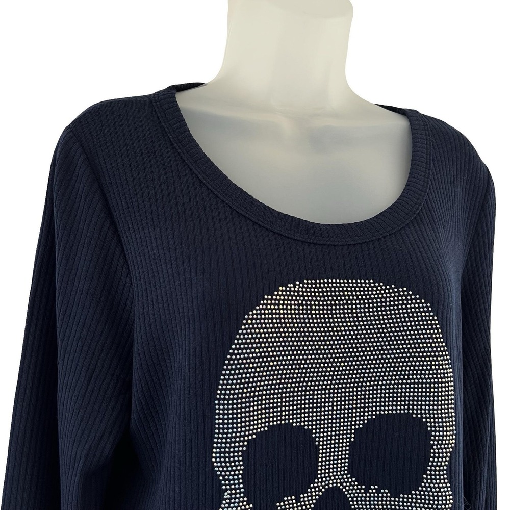 Vocal Top Womens XL Navy Blue Skull Rhinestone Long Sleeve Ribbed USA Gothic Y2K - Picture 5 of 16